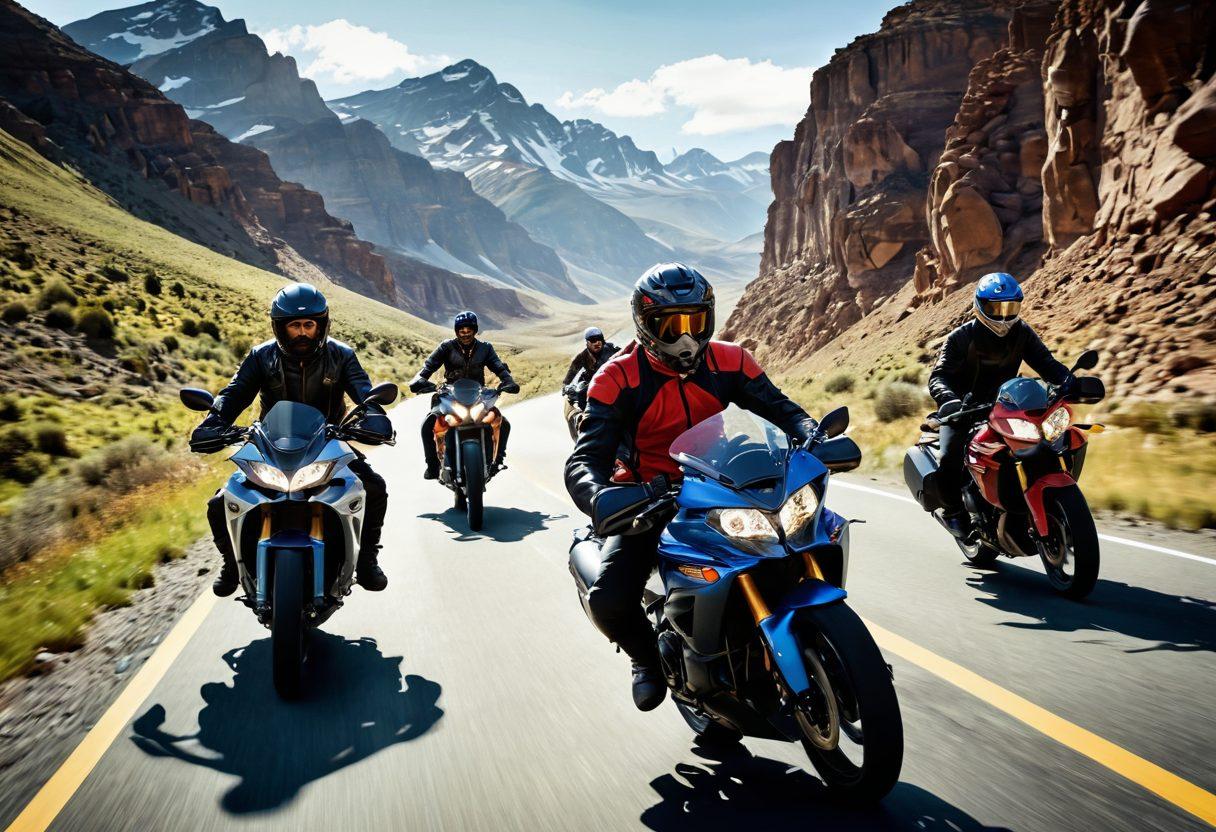 A dynamic scene of diverse bikers in a thrilling outdoor setting, showcasing a variety of essential riding gear like helmets, gloves, and jackets. Include detailed accessories such as saddlebags and GPS devices, emphasizing adventure and freedom. The background should feature winding roads and stunning landscapes to evoke the spirit of biking. vibrant colors. super-realistic.