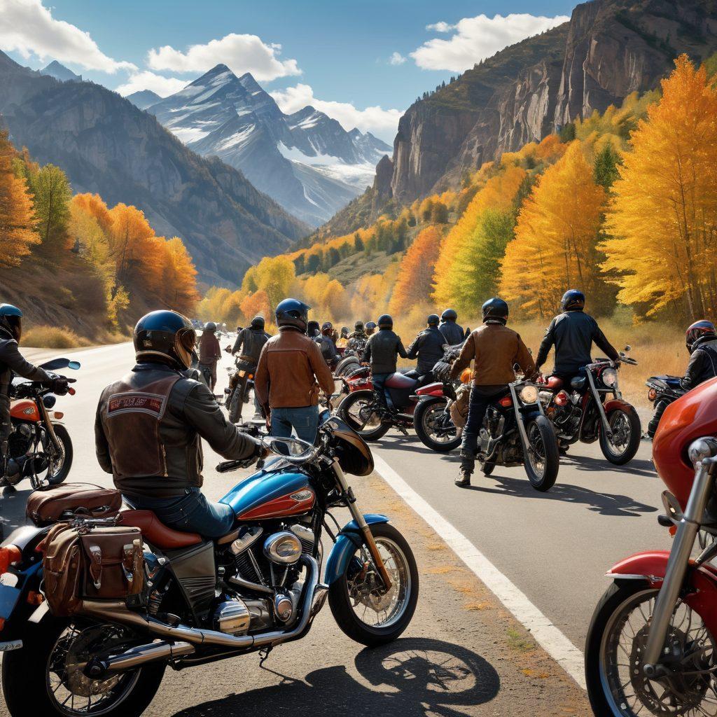 A vibrant scene of a diverse group of bikers gathered around their motorcycles, sharing maintenance tips and gear advice. The backdrop features a scenic open road with mountains, emphasizing the sense of adventure. Include essential biking gear like helmets and jackets displayed prominently. Capture a sense of camaraderie and excitement among the riders. hyper-realistic. vibrant colors. outdoor setting.