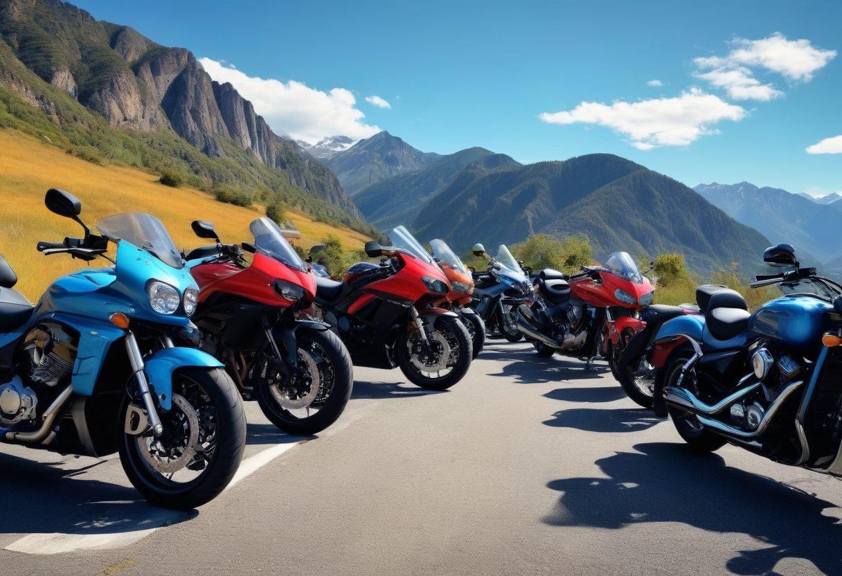 A dynamic scene featuring a diverse range of motorcycles lined up under a clear blue sky, showcasing various styles from cruisers to sport bikes. Include riders in stylish gear, examining the bikes and interacting enthusiastically. Add a winding road in the background leading to picturesque mountains, symbolizing adventure. The image should have an energetic vibe with bright colors that evoke excitement. super-realistic. vibrant colors. 3D.